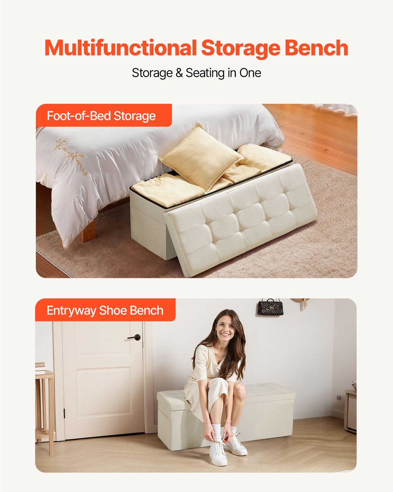 Harlow Foldable Storage Ottoman Bench – Beige