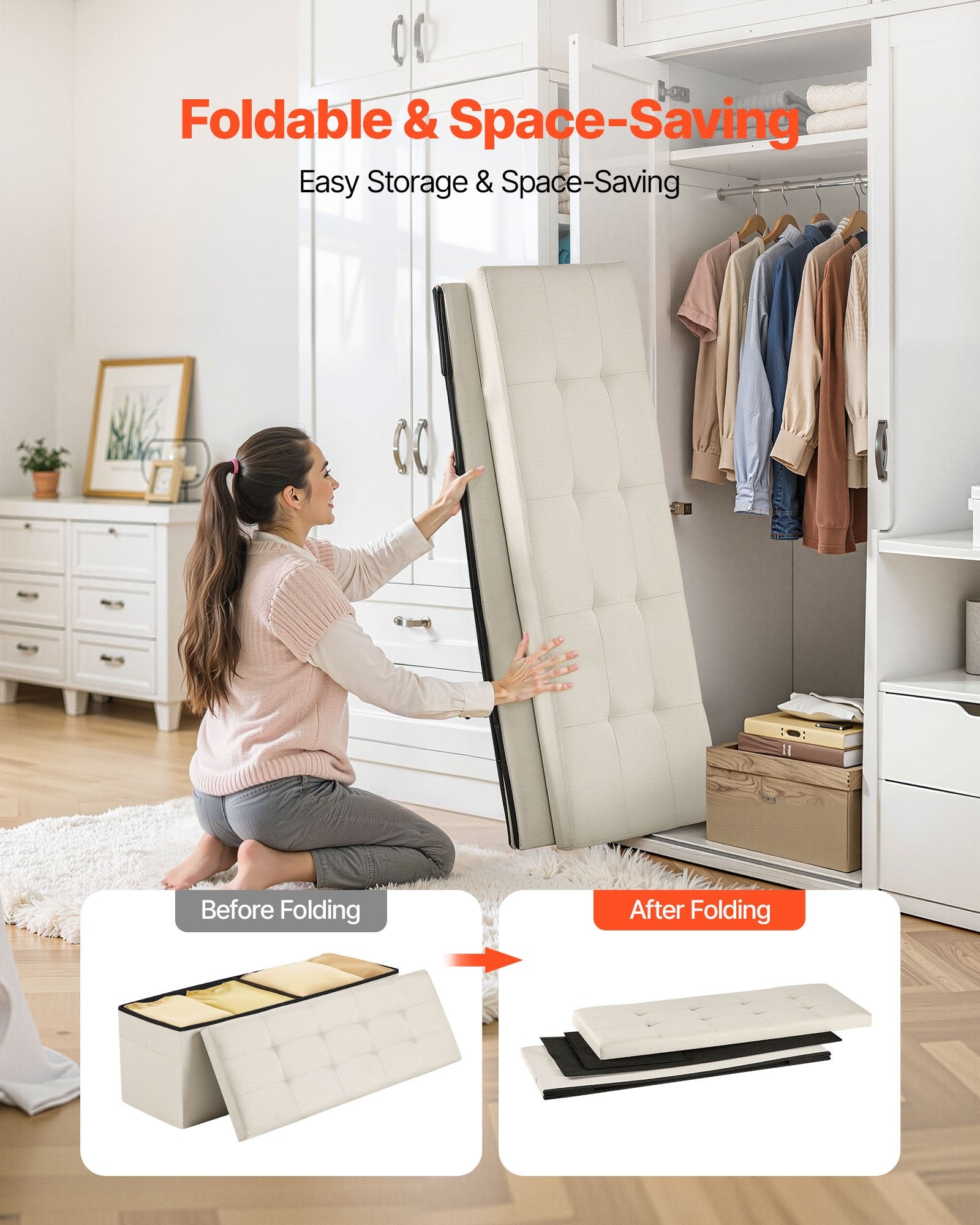 Harlow Foldable Storage Ottoman Bench – Beige