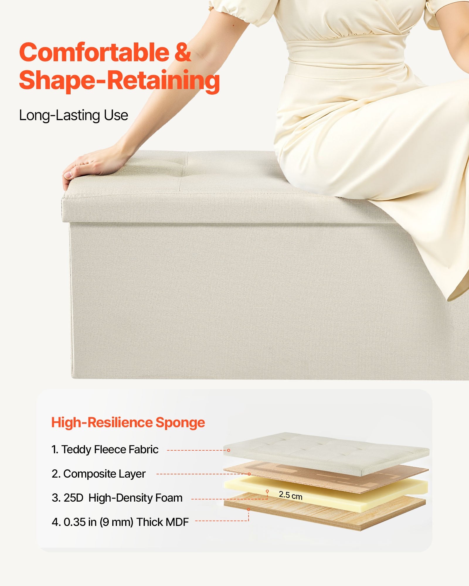 Harlow Foldable Storage Ottoman Bench – Beige