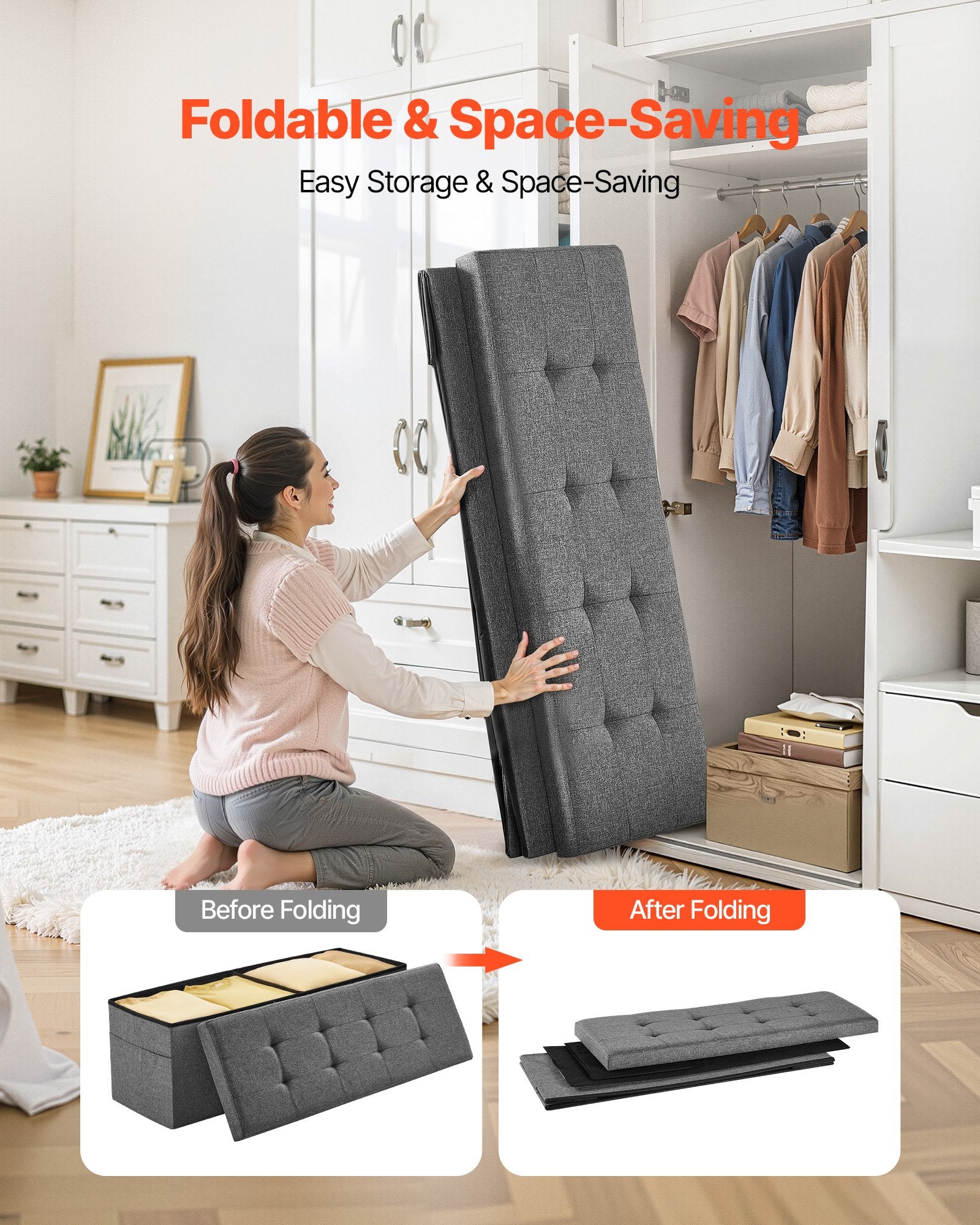 Harlow Foldable Storage Ottoman Bench – Grey