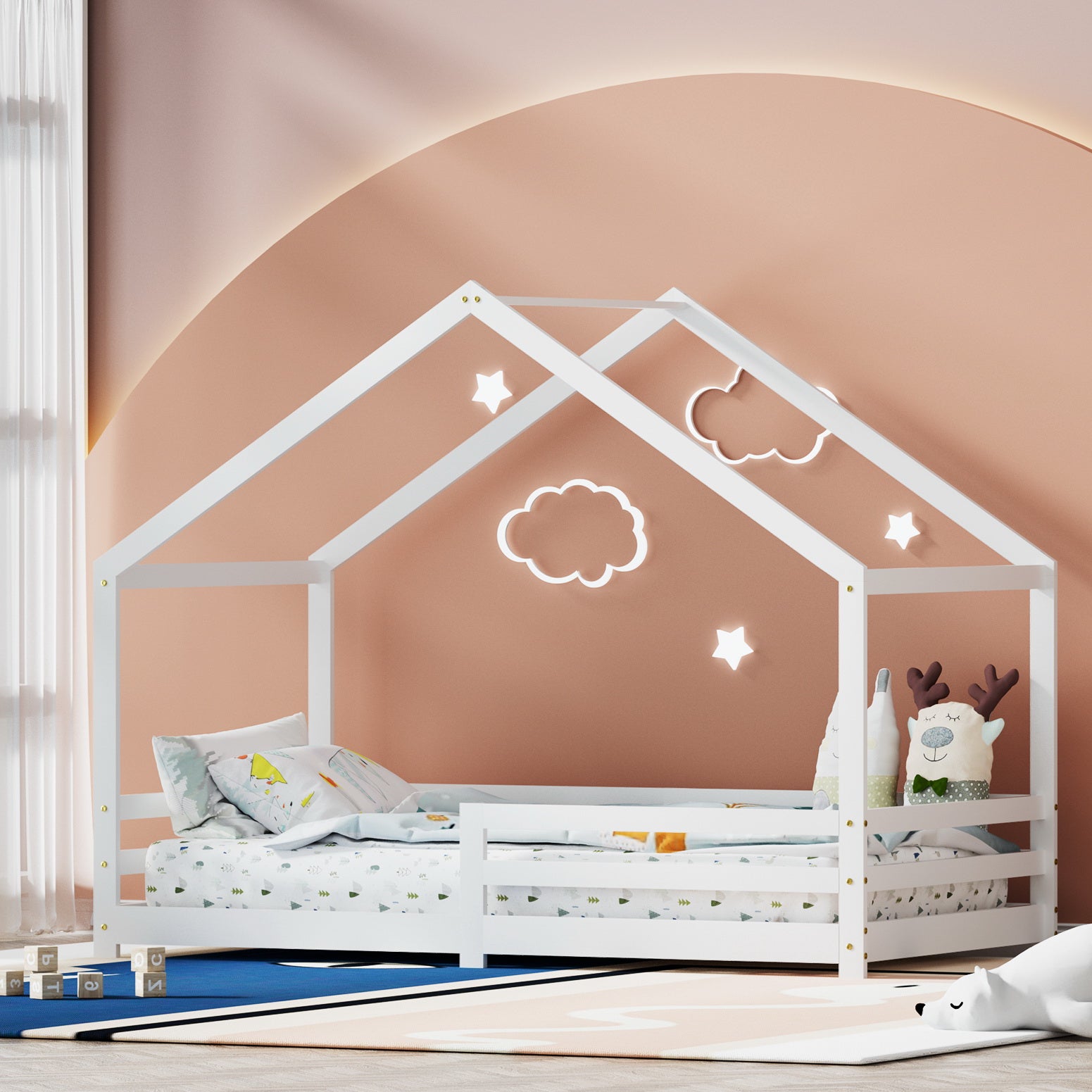 Bed Frame Wooden Kids House Frame White AMOS – Single