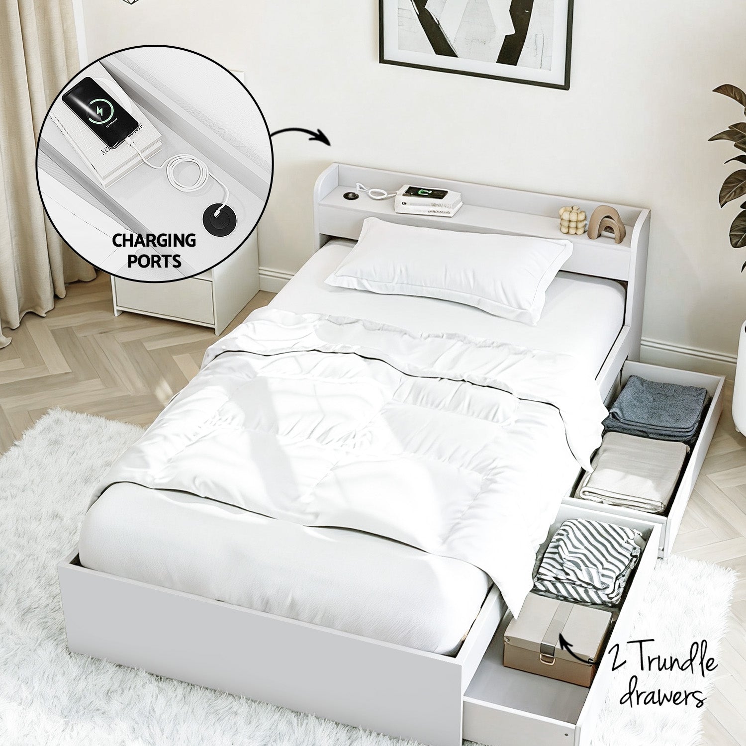 Aura Bed Frame & Bedside Table Set with USB Charging – White – Single