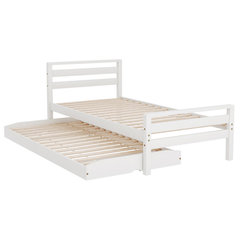 SINGLE Size - 2-in-1 Trundle Wooden Bed Frame - White