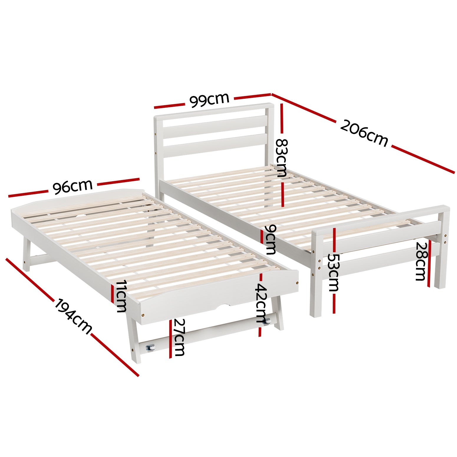 Avis 2-in-1 Trundle Wooden Bed Frame – White – Single