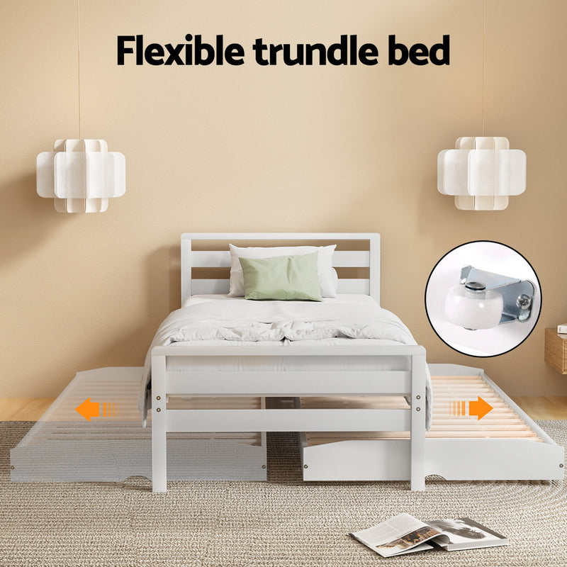 SINGLE Size - 2-in-1 Trundle Wooden Bed Frame - White