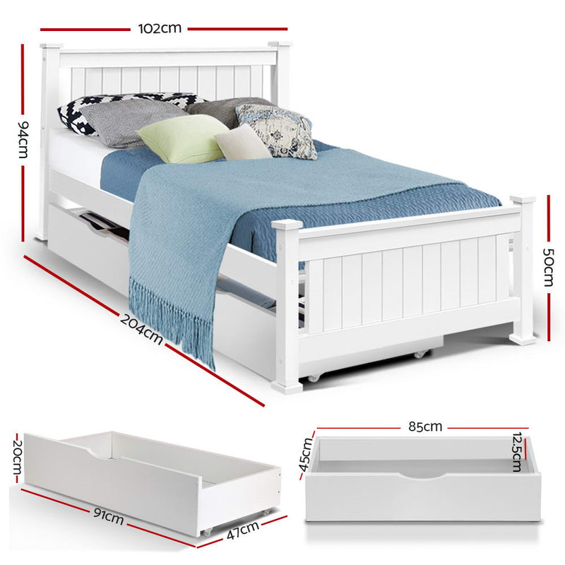 SINGLE Size - Wooden Bed Frame & 2 Trundle Drawers - White