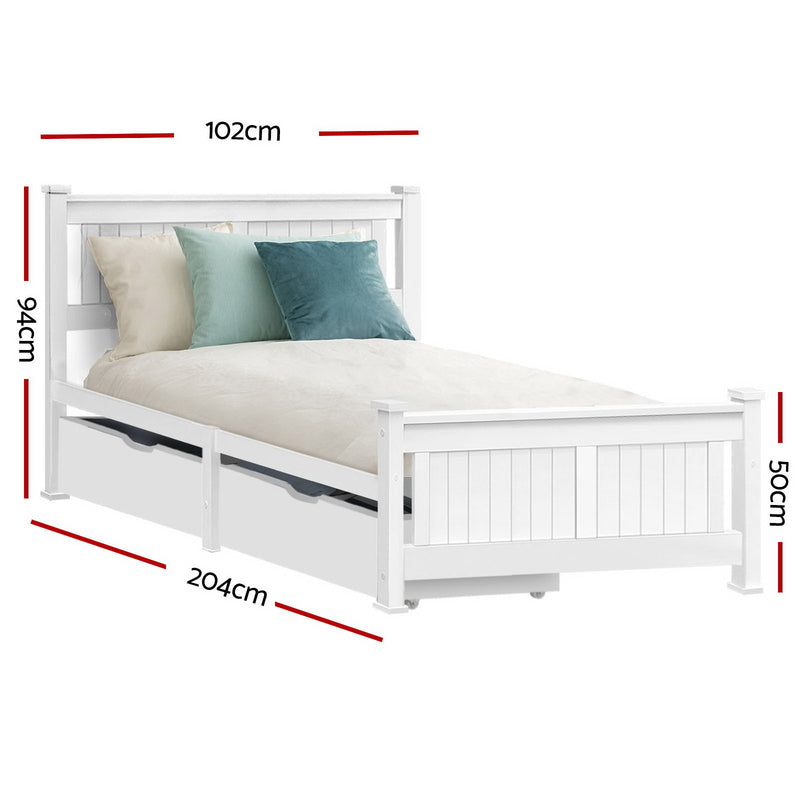 SINGLE Size - Wooden Bed Frame & 2 Trundle Drawers - White