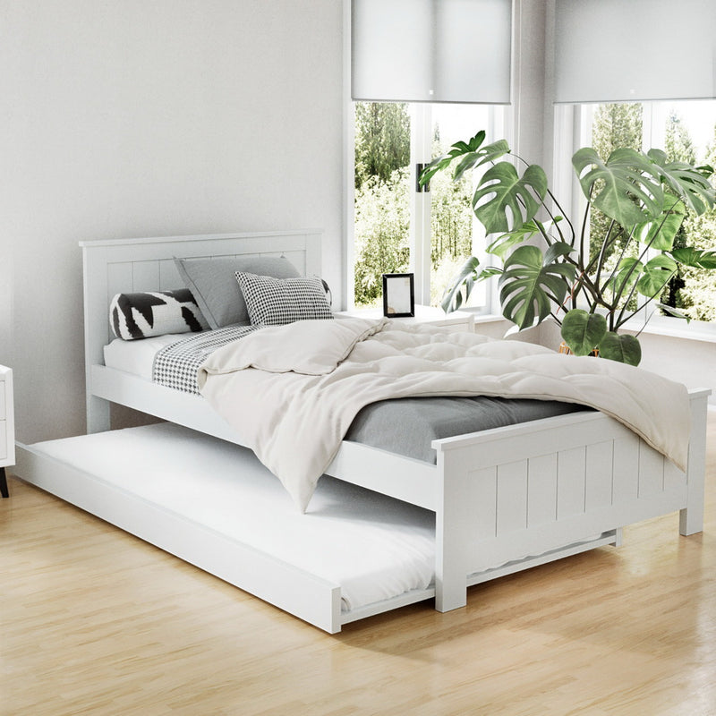 KING SINGLE Size - Wooden Bed Frame w/ Trundle Daybed - White