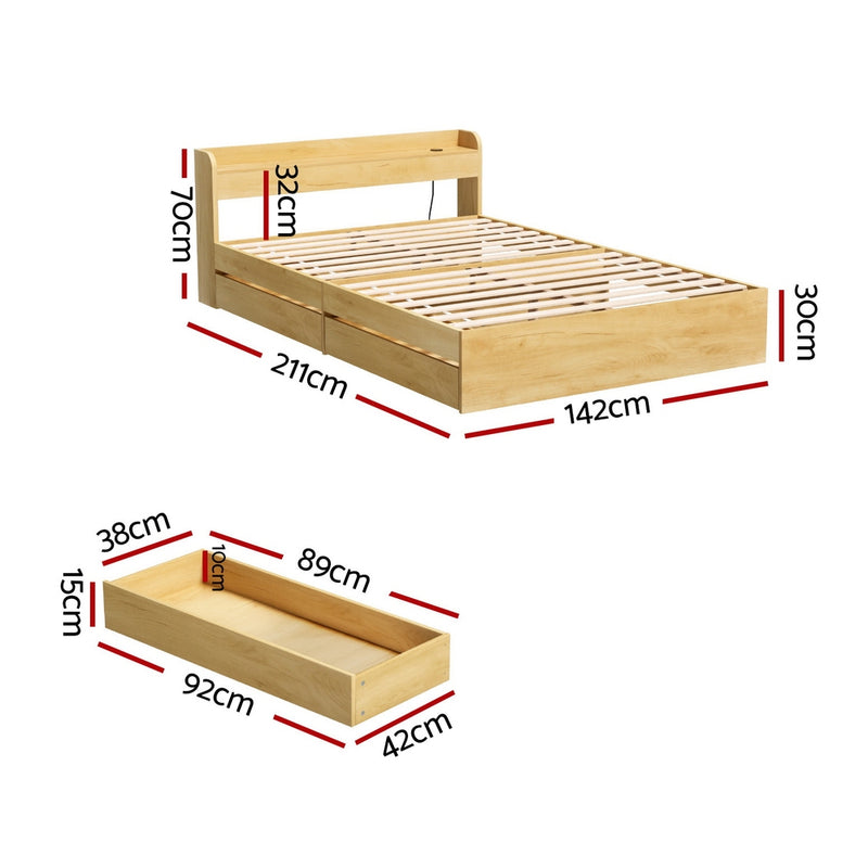 DOUBLE Size - Bed Frame with Charging Ports and 2 Drawers