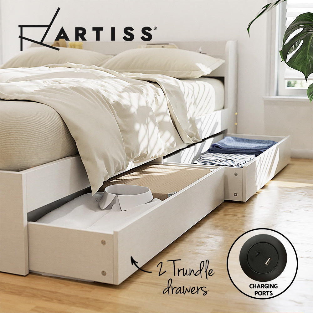 Aura Storage Bed Frame with Charging Ports – White – Single