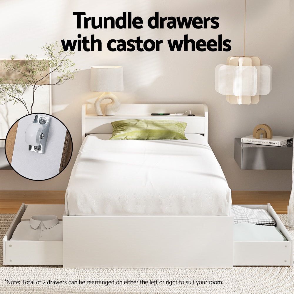 Aura Storage Bed Frame with Charging Ports – White – Single