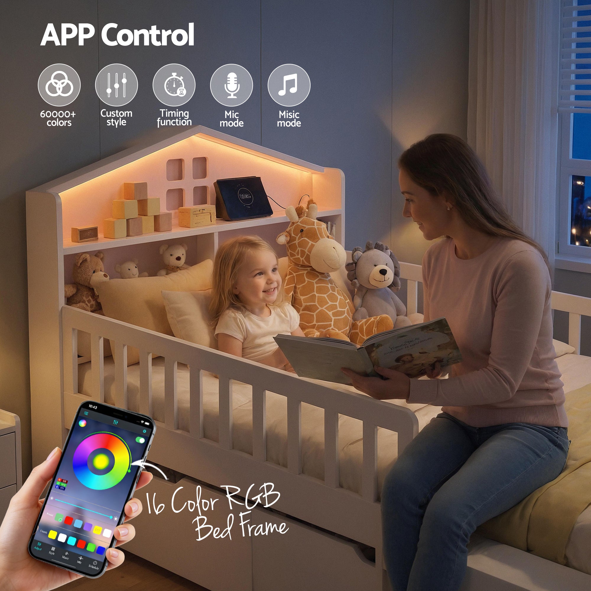 Arlo Montessori Bed Frame with Storage, LED & USB Ports – White – Single