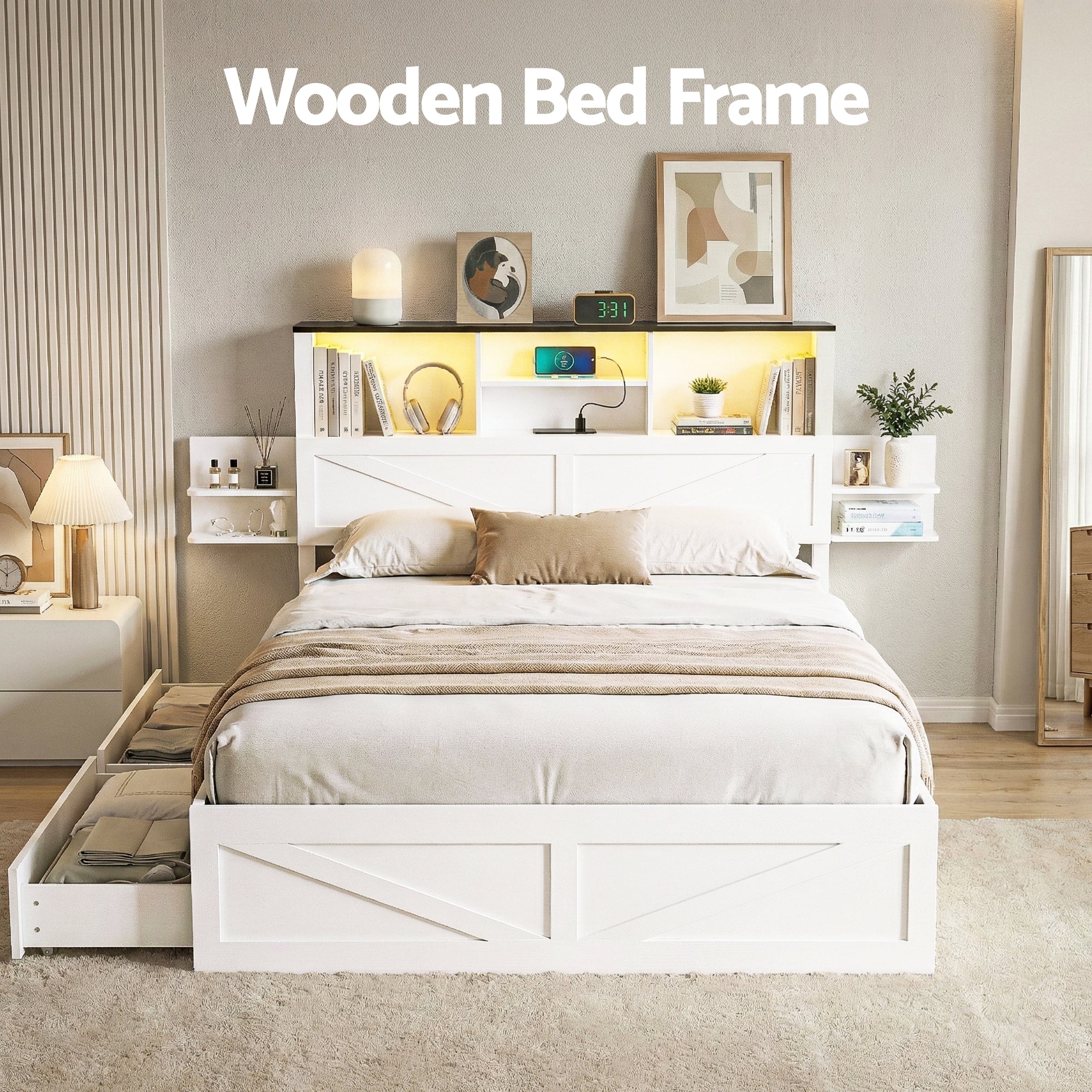 Linden Bed Frame with Storage, LED & Charging Station – White – Double