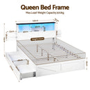 Linden Bed Frame with Storage, LED & Charging Station – White – Queen
