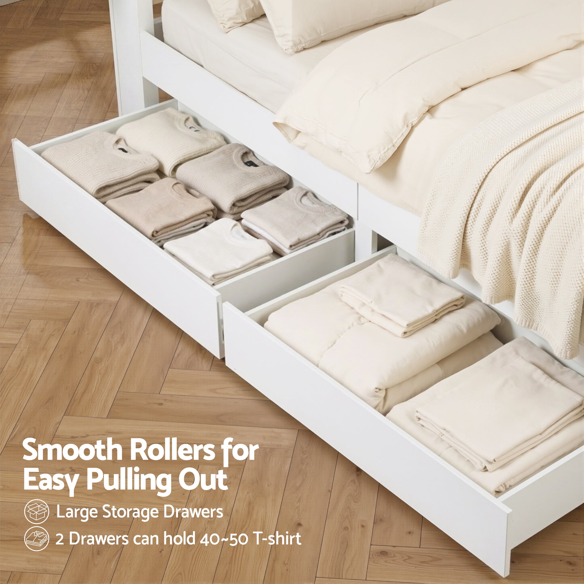 Linden Bed Frame with Storage, LED & Charging Station – White – Queen