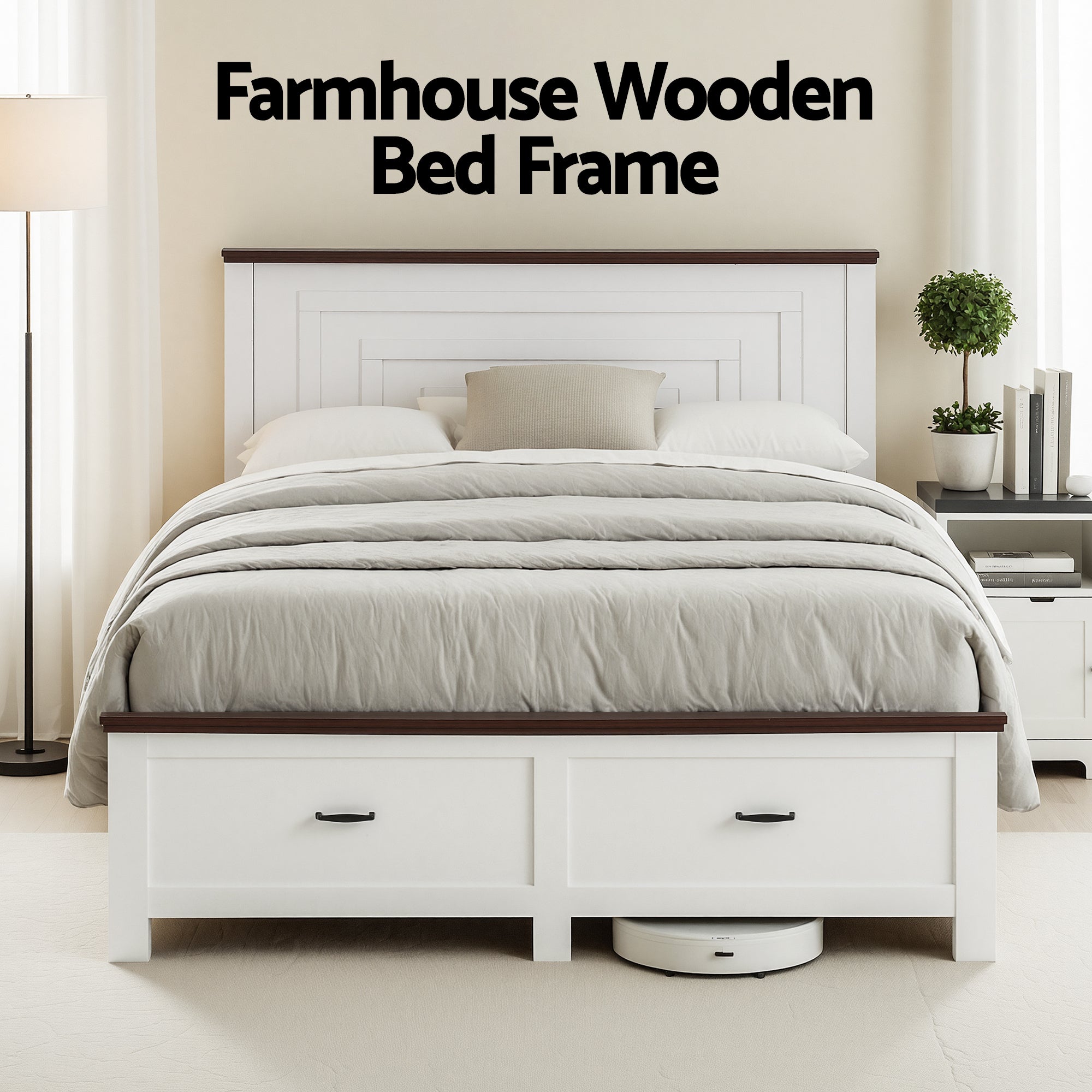 Rowan Wooden Bed Frame with Storage Drawers – White – Queen